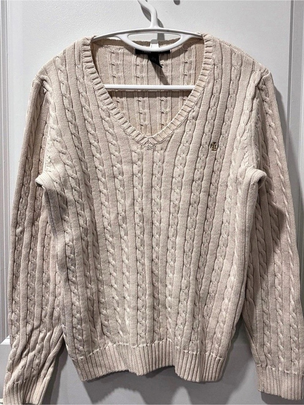 Women’s Lauren Ralph Lauren Cable Knit V-Neck Cream Cotton Sweater Size Medium